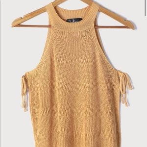 NWOT Lulus Sunny Style White Loose Knit Mock Neck Side Tie Tank Top Camel Size S